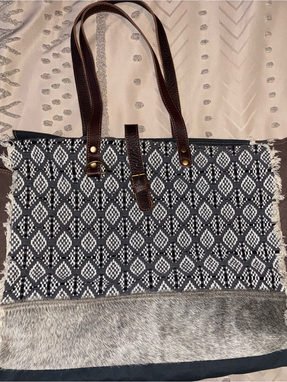 Myra Bag Black & White Woven Tote with Brown Leather Straps